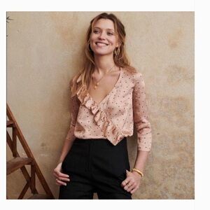 Sézane Quitterie Silk Blouse Pink Polka Dot Floral Ruffle Top EU 38 US 6